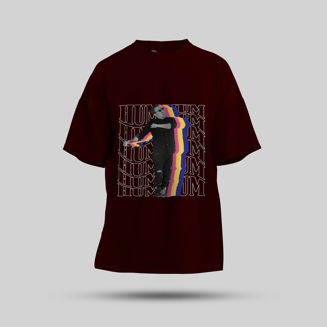 Dimitri Vegas and Like Mike - The Hum Oversized T-Shirt (Maroon) - close-up of the front print