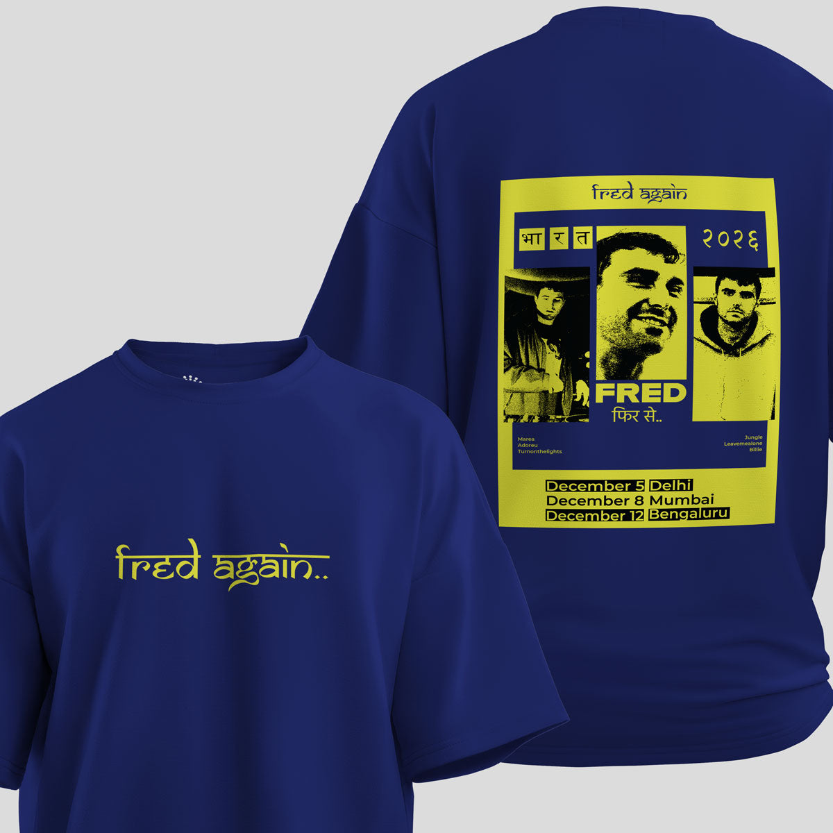 Fred Again - India Tour '26 Oversized T-Shirt (Royal Blue) - front and back view