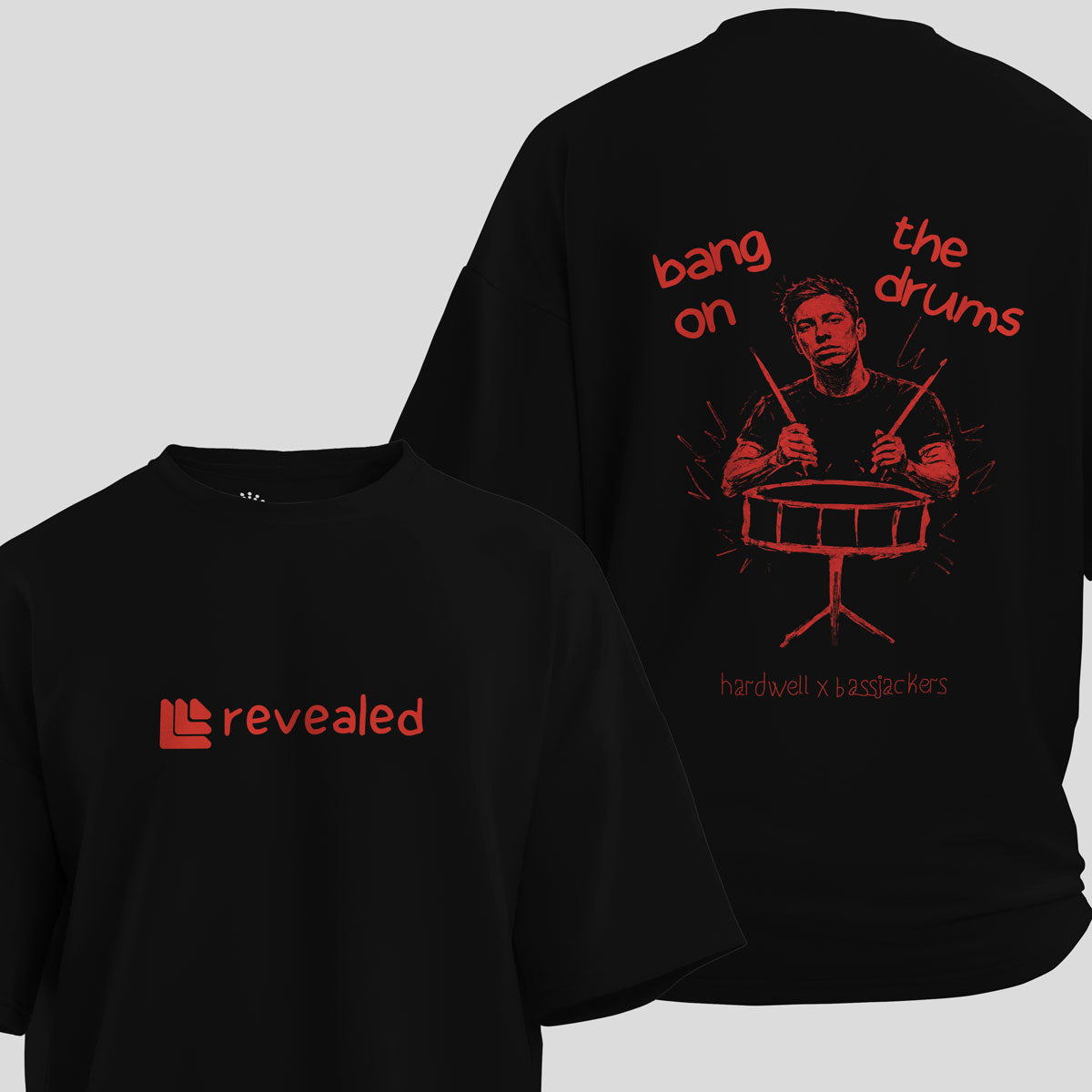 Hardwell x Bassjackers - Bang On The Drums Oversized T-Shirt (Black) - front and back view